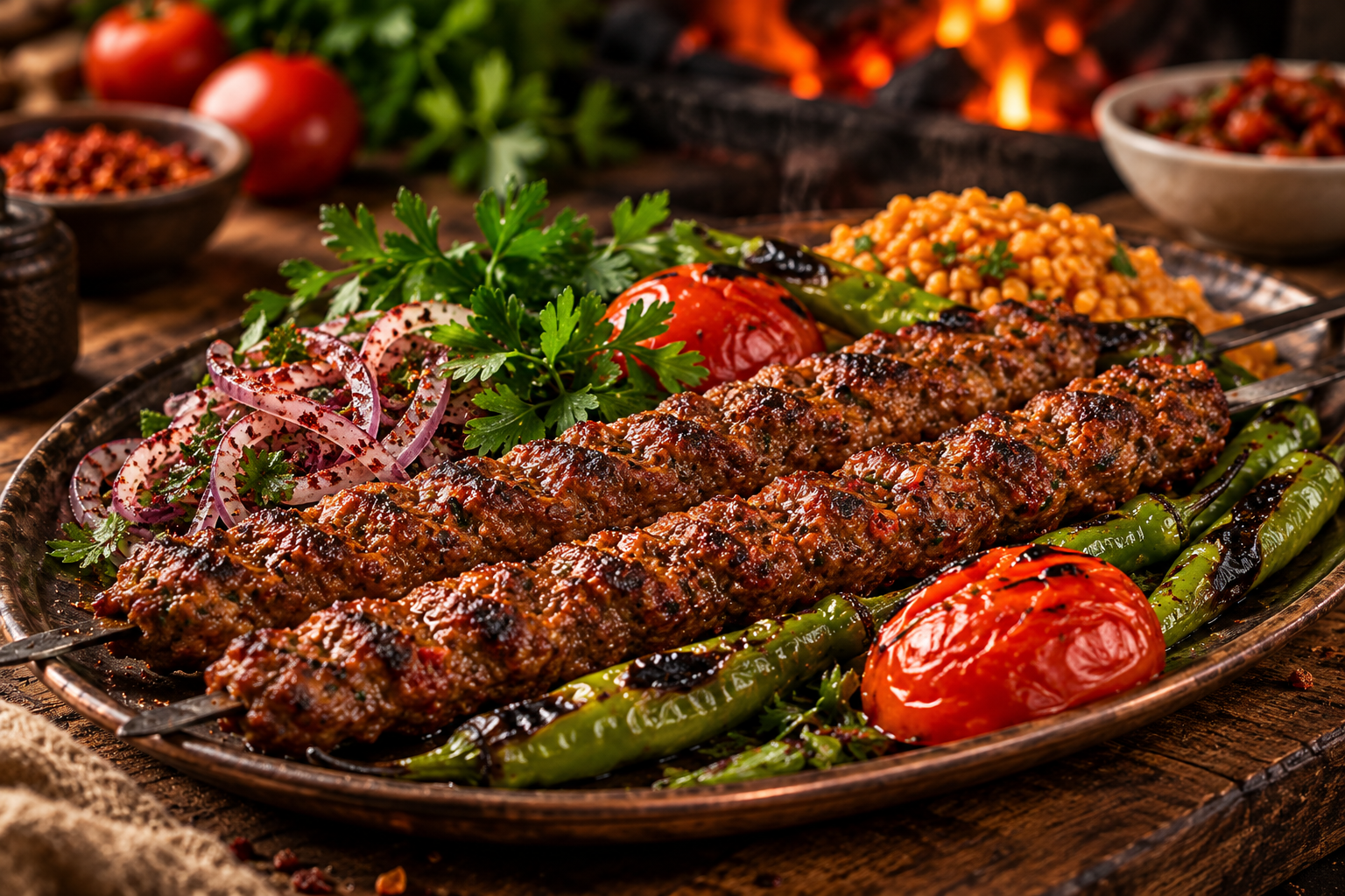 Közde nar gibi kızarmış taze kebap ve garnitürler