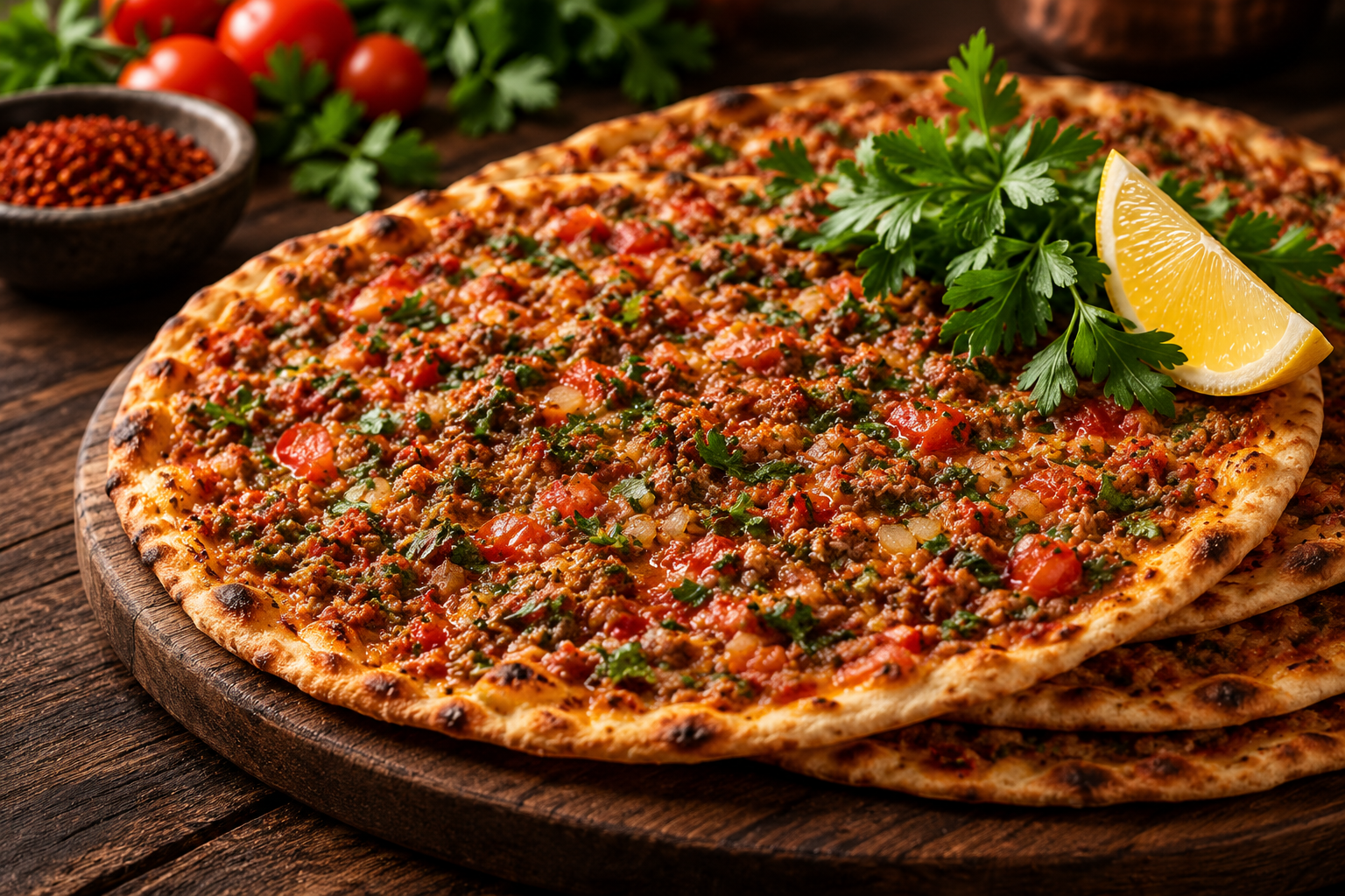 Çıtır çıtır taş fırın lahmacun, taze maydanoz ve limon